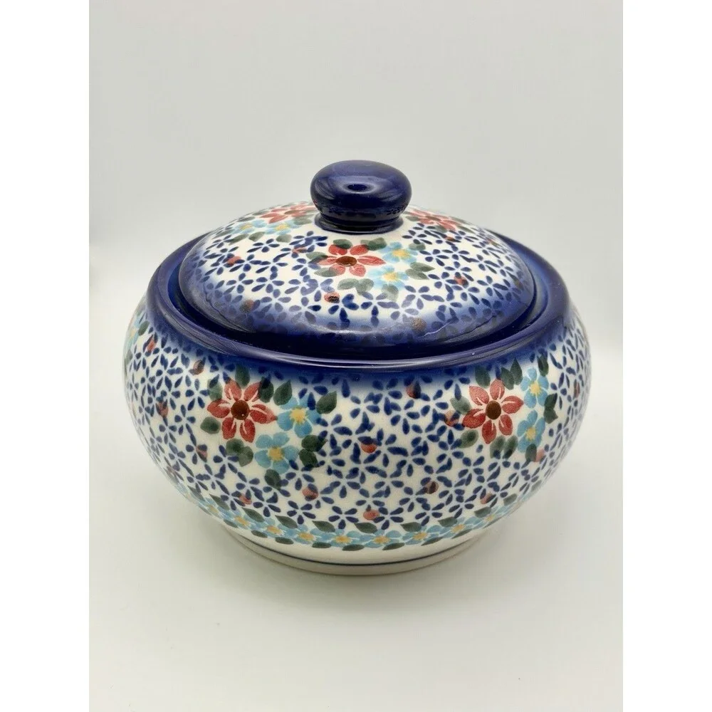 Ceramika Boleslawiec Handmade Blue & White Floral Ceramic Jar with Lid 6” Dia
